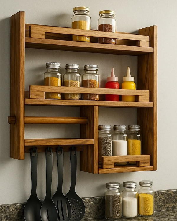 شلف جا ادویه دیواری چوبی کانو وود | Wooden Spice Rack روستیک آشپزخانه کانو وود
