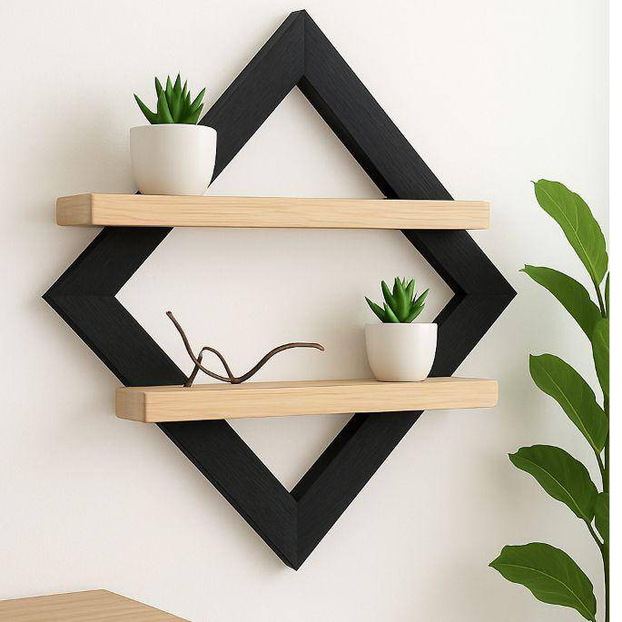 شلف دکوراتیو لوزی چوبی کانو وود | Rhombus Wall Shelf طراحی هندسی مدرن