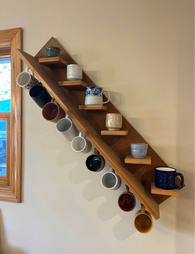 شلف ماگ پله ای دیواری قلاب دار چوبی کانو وود | Mug Shelf روستیک دیواری